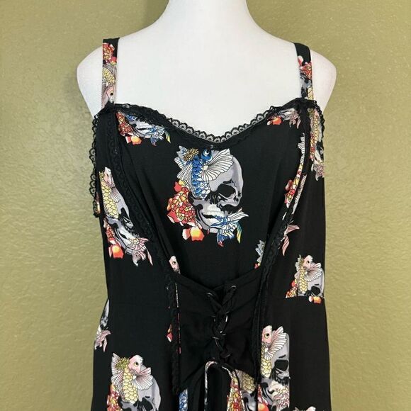 Tripp Women's 2X Corset Slip Dress Black Skull Koi Fish Print Lace Trim Gothic - Picture 2 of 7